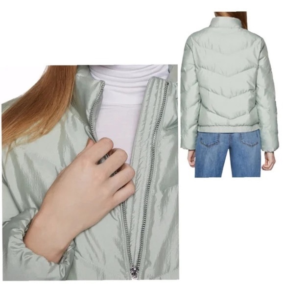BCBG Puffer Quilted Mint Green Bomber Jacket Zip Up Bow Tie Light Weight Cozy S - Picture 8 of 10